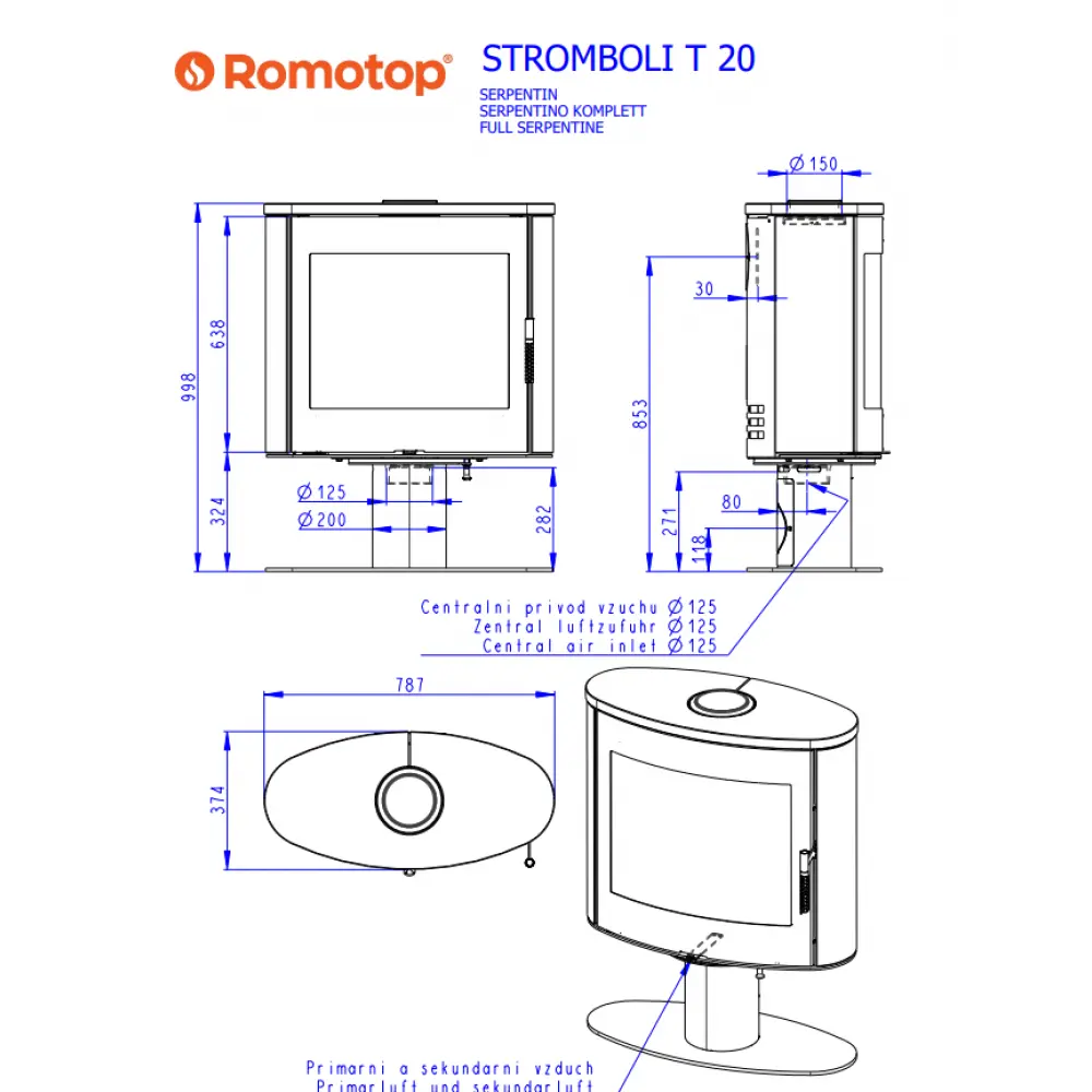 Поворотна камінна піч на ніжці Romotop STROMBOLI T 20 камінь