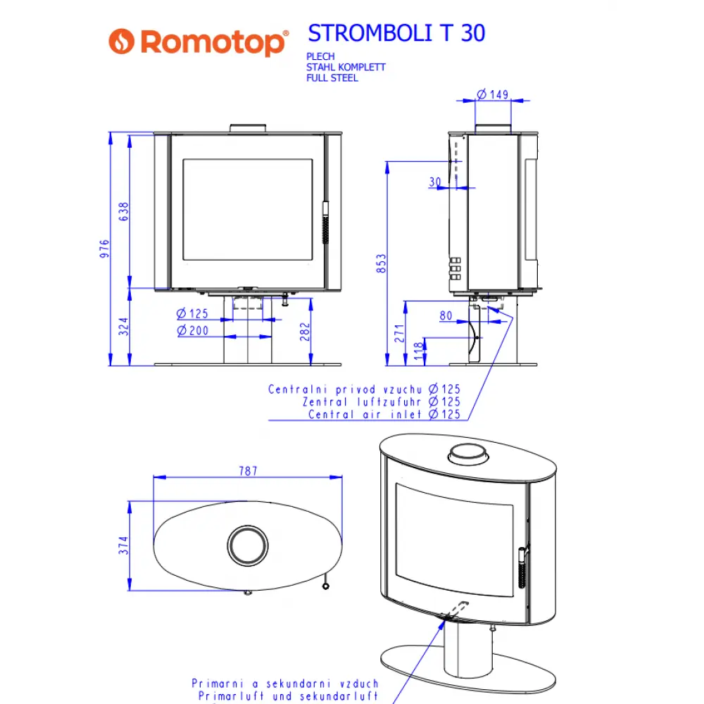 Поворотная каминная печь на ножке Romotop STROMBOLI T 30 стальная