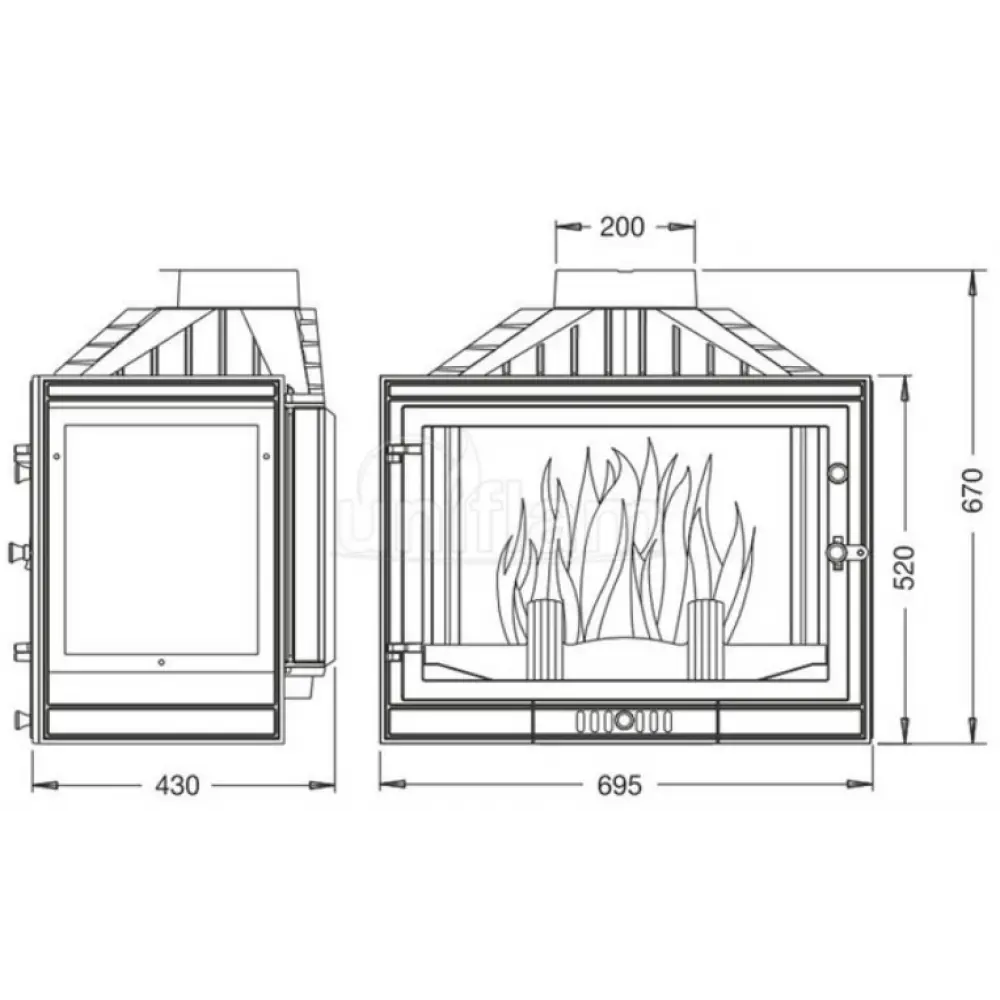 Камінна топка UNIFLAM 700 STANDARD ліве скло з шибером чавунна